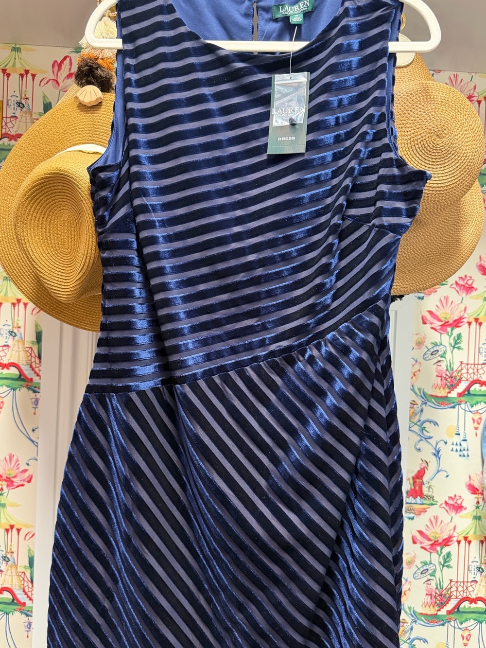 BNWT Lauren Sleeveless Navy Diagonal Velvet Stripe Sheath Dress - Picture 9 of 11